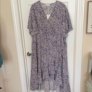 Women's Purple Floral High-Low Dress with Flutter Sleeves